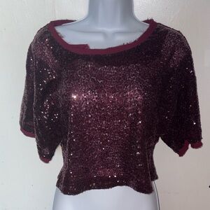 Womens Sequin Burgundy Crop Top/ raw edge hem. #sequins#Whimsygoth#bodycore#go